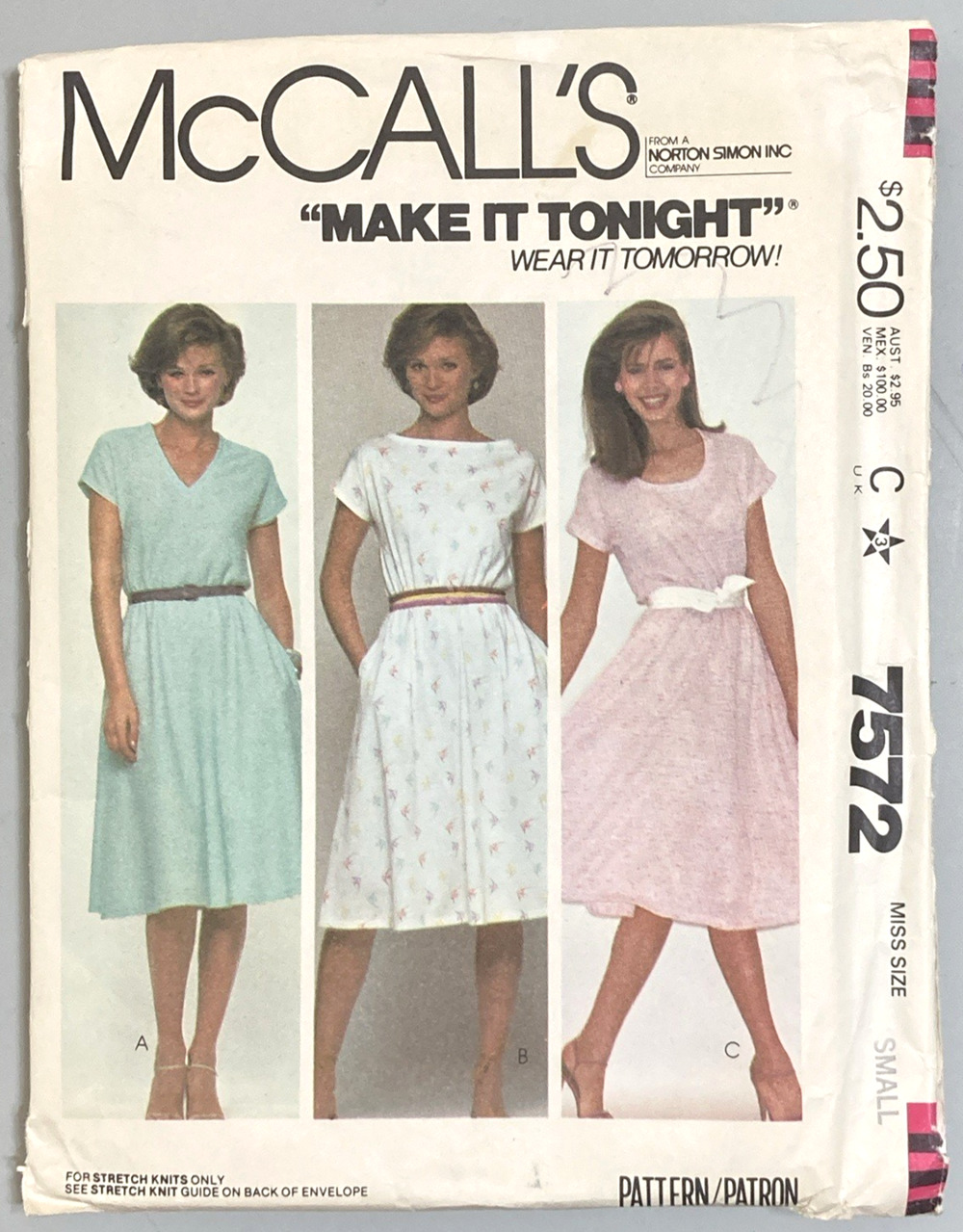 McCalls 7572 Stretch Knit Pullover Dress Misses Small 10-12 Vintage 1981 UNCUT